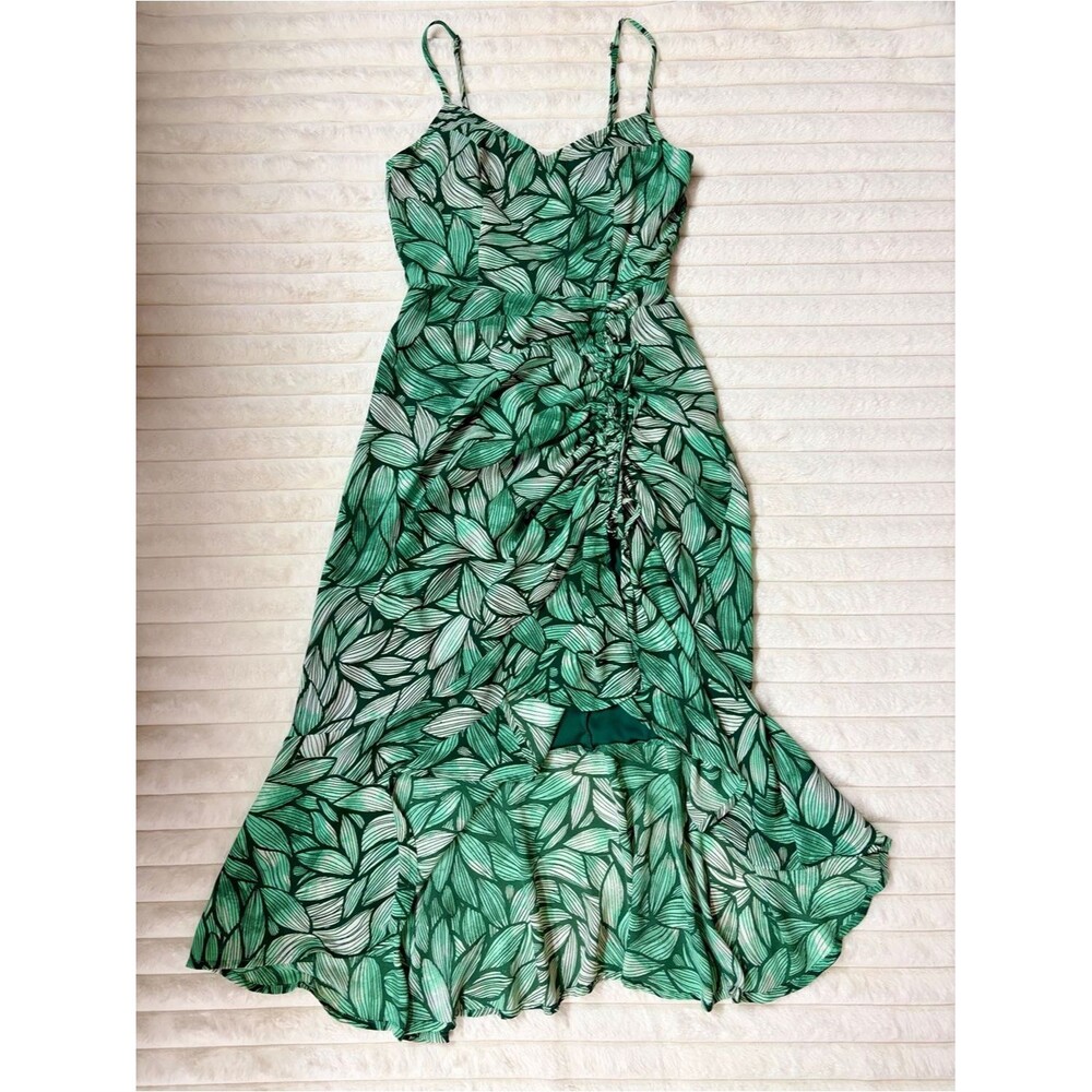 Lulus Green Leaf Print Maxi Dress | Ruched Side | Adjustable Straps | XS